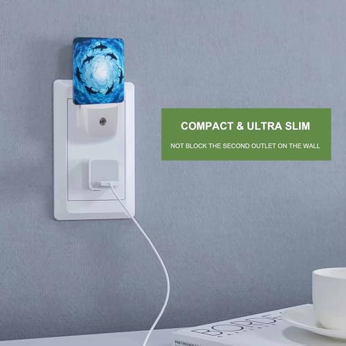 Image of LED Night Light,Form Circle Floating Sharks LED Night Light Plug into Wall with Dusk to Dawn Light Sensor White Energy Efficient Nightlight for Bedroom Bathroom Hallway Living Room Kitchen