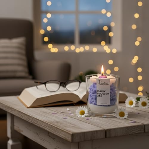 Image of Aesthetic Daisy Flower Scented Jar Candle | Calming Lavender Fragrance for Relaxation & Stress Relief | Hand-Poured Whipped Soy Wax | Unique Dessert Candle Design | Perfect for Home Decor