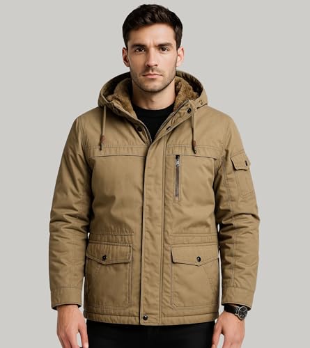 Image of L'MONTE Men's Imported Heavy-Duty Winter Jacket - 100% Cotton Coat with Fleece Lining, Detachable Hood & Multiple Pockets - Windproof, Warm, Stylish for Outdoor & Casual Winter Wear
