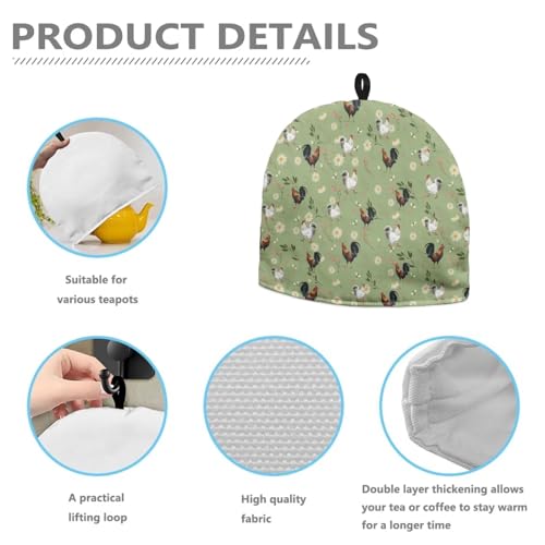 Image of Teapot Cozy Tea Pot Cover Keep Tea Warm Insulating Teapot Cozies Washable Kettle Quilt Teapot Warmer Home Kitchen Decoration, 12.9 X 10.4 Inches, Rooster Daisy Floral Green