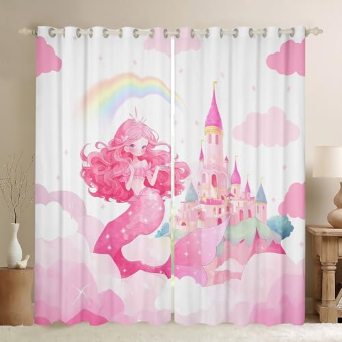 Feelyou Girls Princess Kids Bedroom Darkening Drapes Pink Castle 30%-50% Blackout Curtains Boys Girls Cartoon Mermaid Window Curtains Fairy Tales Living Room Window Treatments (2 Panels, 52 x 90 Inch)