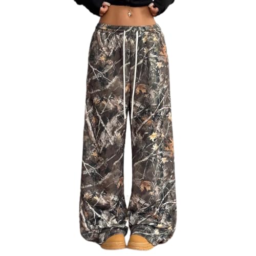 BONVEN Womens Wide Leg Camo Baggy Sweatpants Y2k Casual Cargo Pants Loose Elastic Waist Drawstring Pants with Pockets