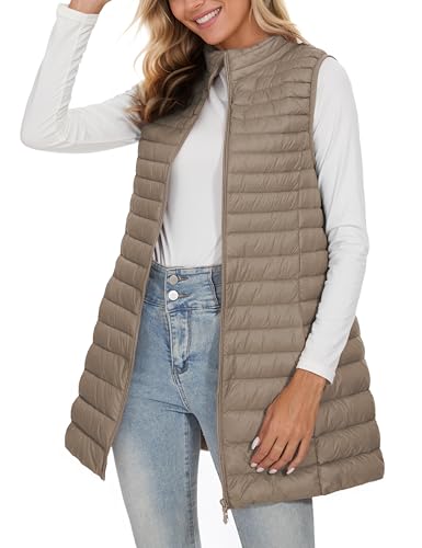 ELFJOY Long Puffer Vest Women Winter Ultra Light Long Down Vest with Stand Collar Grey Womens Vests Outerwear