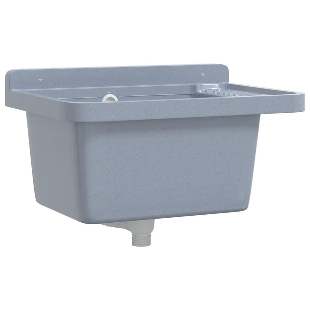 Lavello in resina grigia per montaggio a parete, 50 x 35 x 24 cm, con troppopieno e portasapone per interni ed esterni, robusto materiale PP, pratico lavello da giardino e garage