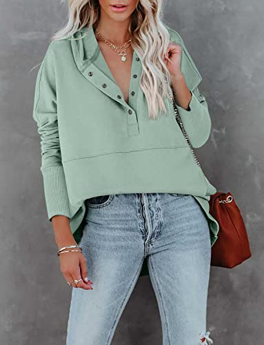 Onlypuff Button V Neck Sweatshirt Women Pullover Hoodies Juniors Pullover Winter Warm Top Long Sleeve Greyish Green With Pocket L #TOP1