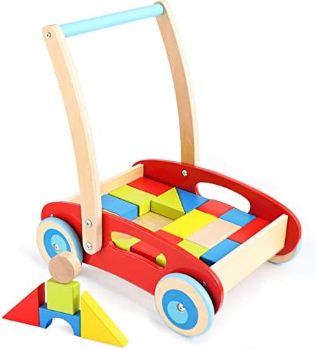 Pitpat Wooden Baby Walker with Building Blocks for 1 Year Old and up, Wooden Push Toy for 12 Month, Wooden Cart with Blocks(35 PCs)