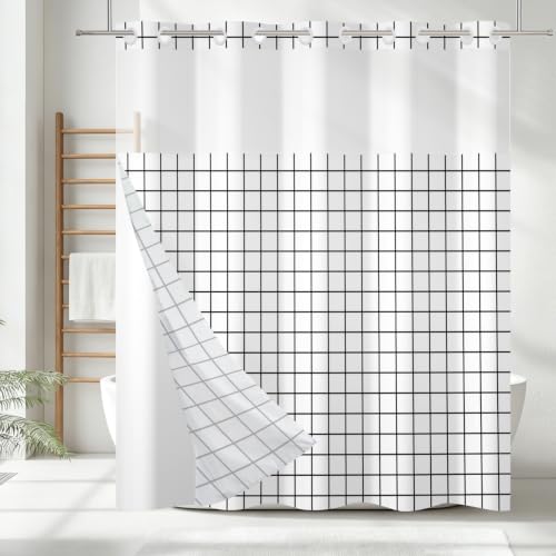 TOENGS Black and White Grid No Hook Shower Curtain, 71" W x 86" L by TOENGS - Used condition - Image 8