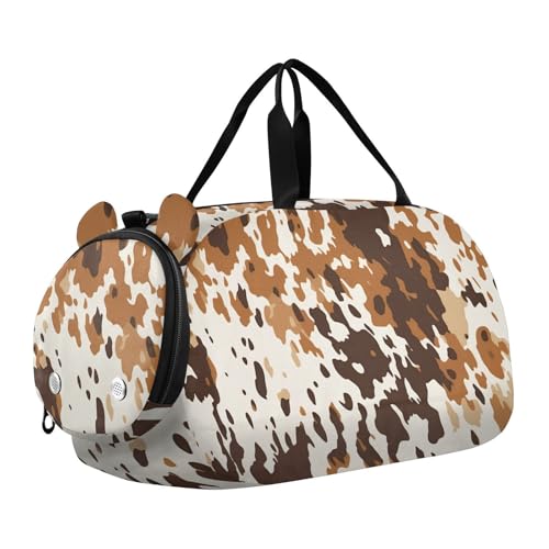 Cow Print Pattern Duffle Bag for Girl, Sports Duffle Gym Bags with Shoe Compartment, Personalized Overnight Bag Travel Weekender for Kids