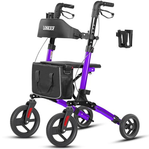 Foldable Rollator Walker with 10” Front Rubber Wheels, All-Terrai...