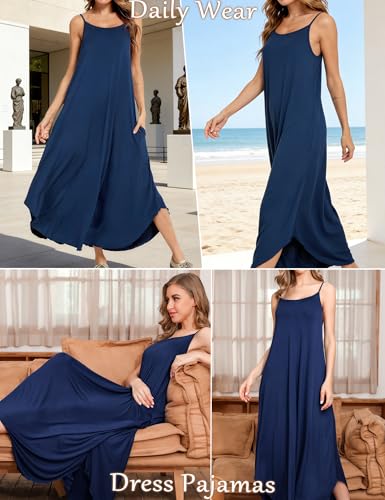 Image of SWOMOG Women Long Nightgown Pajama Dress Soft Strap Nightdress Summer Sleeveless Nightshirt Lounge Dress with Pockets
