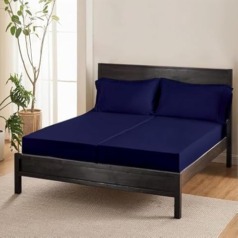 Split King Bed Sheets 5 Pieces 400 Thread Count 100% Egyptian Cotton Sheets for Split King Adjustable Bed 16 Inch Deep Pocket Split King Sheets Sets for Adjustable Beds Navy Blue Solid Cover