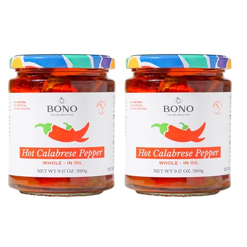 BONO Whole Hot Calabrese Peppers, 9.17 Ounce – Authentic Italian Hot Peppers from Calabria, Spicy & Savory Whole Peppers, All Natural, Non-GMO Project Verified, Product of Italy [Pack of 2]