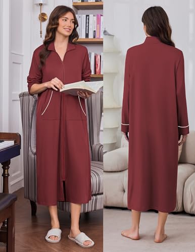 Image of Ekouaer Zipper Robes for Women Long Sleeve Lightweight House Coats with Pockets Zip Up Bathrobe Loungewear S-3XL