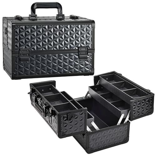 Valigetta Trucchi Professionale Beauty Case Valigetta Unghie in alluminio con 4 vassoi divisori regolabili Chiusura Porta Trucchi con lucchetto Portatile con tracolla, Nero
