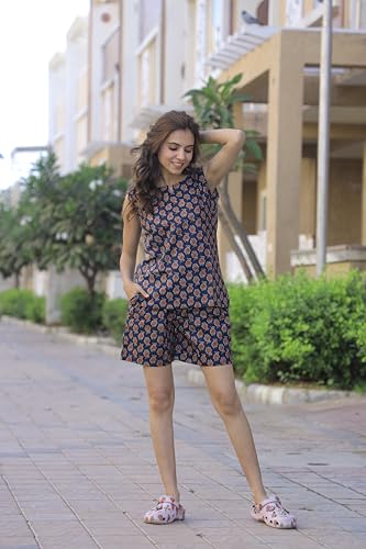 Image of Women's Cotton Night Suit Set - Soft Half Sleeve Top & Printed Shorts for Comfortable Sleepwear & Loungewear | Stylish Summer Nightwear for Women