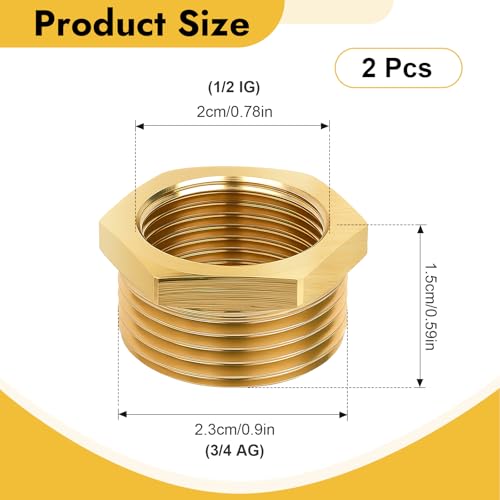 2 Stück Messing Reduzierstück 3/4 auf 1/2 Zoll, AG/IG Reduzierung 3/4 auf 1/2, Gewindefitting mit Sechskant, 25mm Außengewinde x 20mm Innengewinde, für Industrie Haushalt Wasserleitungen