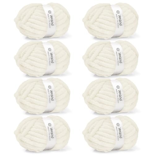 Image of Inhand Chunky Chenille Yarn for Hand Knitting, Thick Bulky Blanket Yarn for Crocheting, Soft Fluffy Yarn for Crochet Gifts & Crafts for Women /Beginners, 8 Pack (29.5 yds /8.4 oz Each), Ivory Cream
