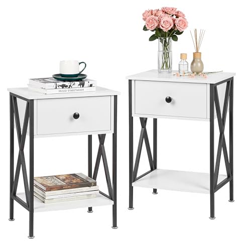 Image of VECELO Nightstands, Modern Bedside End Tables Set of 2, Night Stand with Drawer and Storage Shelf for Living Room Bedroom, Industrial Metal Frame