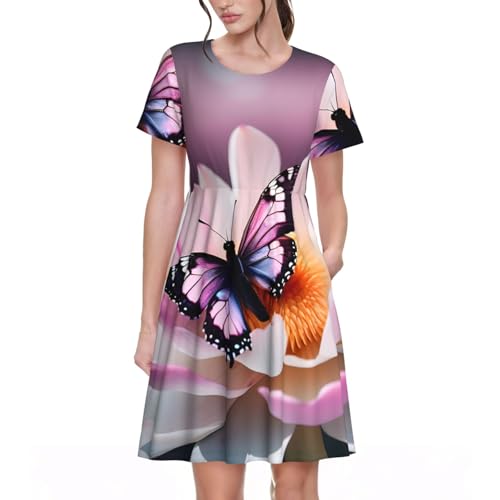 Robe d'été décontractée imprimé papillon rose pour femme