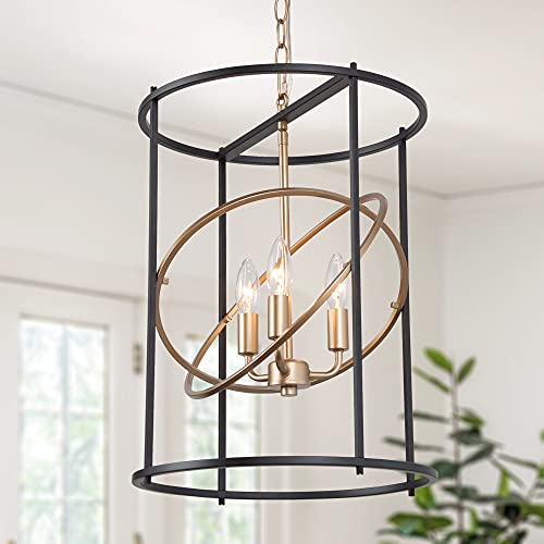 Modern Black and Gold Chandelier, 3-Light Slender Drum Pendant Lighting Fixture, Height Adjustable for Dining Room, Bedroom, Kitchen Island, Foyer, Entryway, 14”D x 18”H