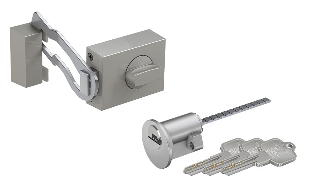 BASI Juego de cerradura adicional para puerta con barra de bloqueo y cilindro exterior, pomo giratorio, llave reversible, pestillo macizo, seguridad extra para puertas casa y apartamentos, 45 mm