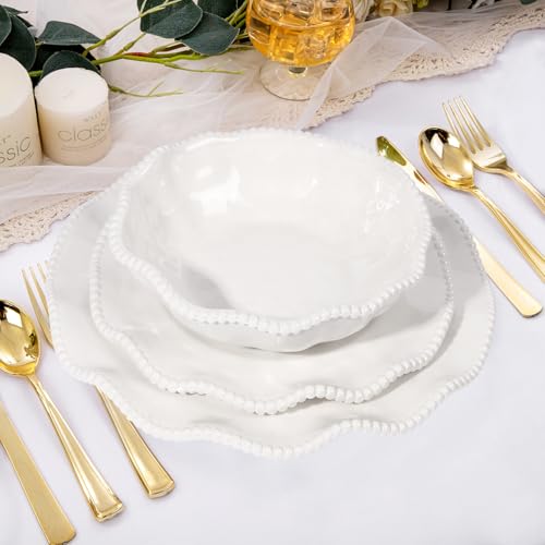 Image of Melamine Dinnerware Sets Service for 4, Cream Plates and Bowls Set with Beaded Edge, BPA Free Dishwasher Safe, Heavy Duty Shatterproof Unbreakable Tableware for Wedding Party Camping Outdoor