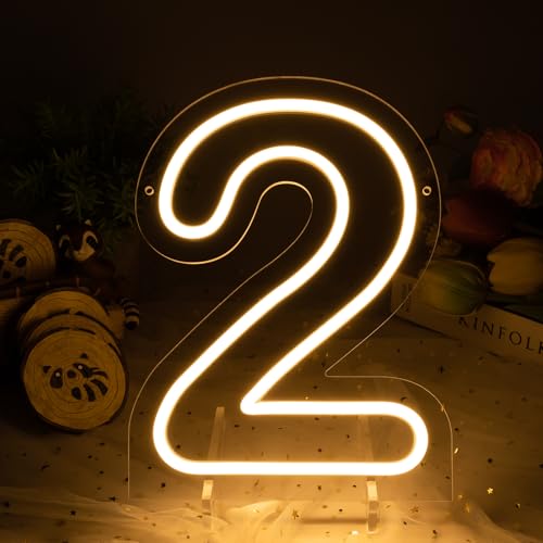 Image of Number 2 LED Neon Sign Backdrop Birthday Party Decoration, 11.3 inch Height Warm White Marquee Number Two Light Up Sign for Wedding Anniversary Window Wall Table, Indoor Battery Operated or USB