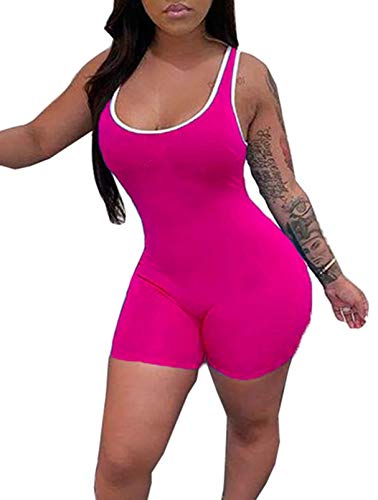Women Sexy Shorts Romper Jumpsuit One Piece Sleeveless Bodycon Bodysuit Pajama Fitness Workout Yoga Gym Club Clothes (XL, E-Rose Red)