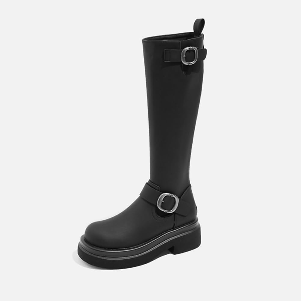Botas De Montar Mujer Tacón Grueso Punta Redonda A Media Pantorrilla para Otoño Invierno Exterior Y Uso Diario Cuero PU Transpirable Forro Cálido