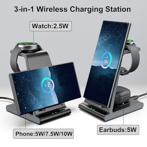 Image of Phelinta Wireless Charger for Samsung S25 Ultra,Charging Station for Galaxy S25 /S25 Edge /S24 Ultra /S24+ /S24 /S23 /S22 /Note 20 /Z Flip 6 /Fold 6,for Galaxy Watch Ultra /7 /6 /5,Galaxy Buds 2 Pro /Pro,Black