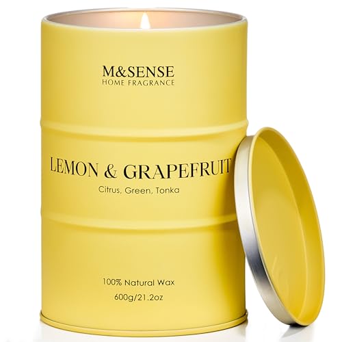 M&SENSE Lemon Grapefruit Scented Large Soy Candles, 21.2oz, 120 H...