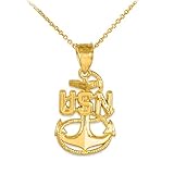 14K Yellow Gold US Navy Fouled Anchor Pendant Necklace - 16' Rolo Chain