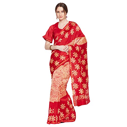 PINKSHINK Womens Pure Handwoven Chanderi Silk Red Printed Indian/Pakistani Saree with Unstitched Blouse Piece