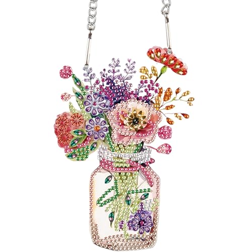 Image of Floral Jar Diamond Painting Hanging Ornament, DIY 5D Special Shaped Rhinestone Acrylic Pendant, Vase with Flowers Diamond Art Kit for Wall, Door, Window or Garden Decoration, Handmade Craft Gift