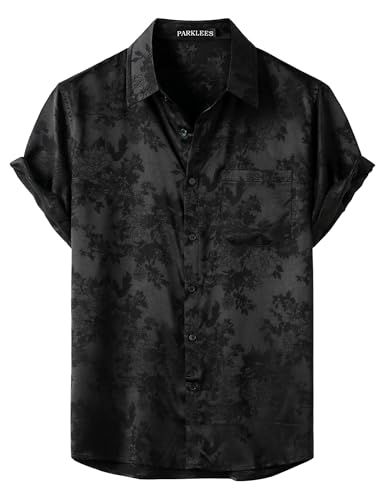 Image of PARKLEES Men's Silk Satin Shiny Jacquard Summer Short Sleeve Shirt Luxury Leisure Floral Button Down Shirt Black Large