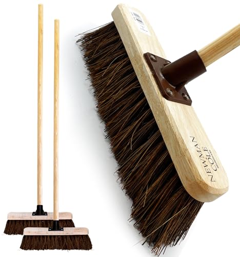 12” Outdoor Garden Broom with Wooden Handle Natural Stiff Bassine Hard Bristle Broom with Durable Support Bracket Yard Brush Heavy Duty Outdoor Cleaning Sweeping Yard (PACK OF 2)