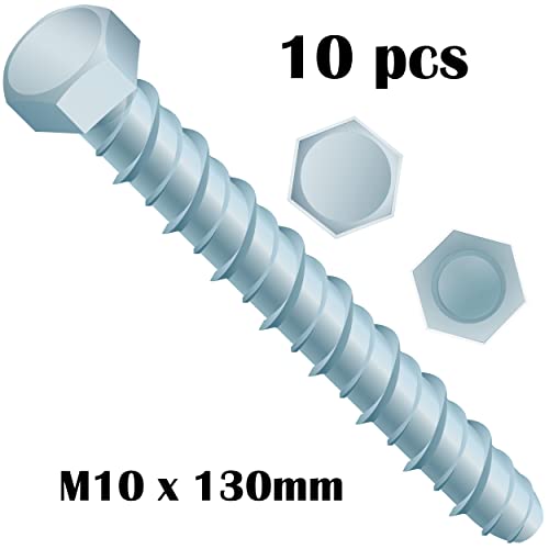 Self-Tapping Concrete Masonry Hex Head Bolt M10 x 130 (Pack of 10) Heavy Duty Hexagon High Tensile Headset Stainless Steel Anchor Bolts Indoor Outdoor Multi Purpose Use - Image 2