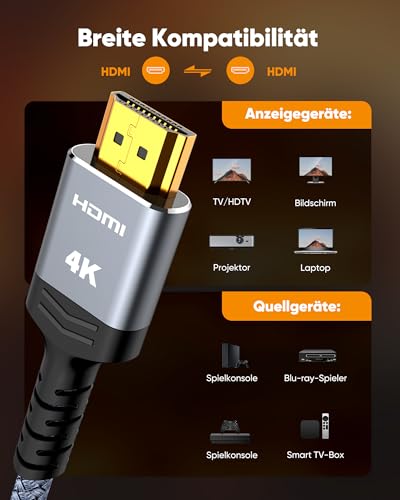 7. Bild von SNOWKIDS 4K HDMI Kabel 2Meter,HDMI-Kabel 4K@60Hz Nylon Geflecht Vergoldete Anschlüsse mit Ethernet/Audio Rückkanal, Kompatibel mit HDTV/Laptop/Blu-ray/Soundbar/Monitor/PS-5/X-box 2m