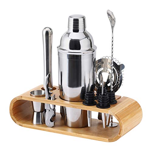 YCOCO 12 Piece Cocktail Shaker Set with Stylish Bamboo Stand,25 oz Stainless Steel Drink Shaker Bar Tool Set,Professional Bar and Home Drink Making Tools