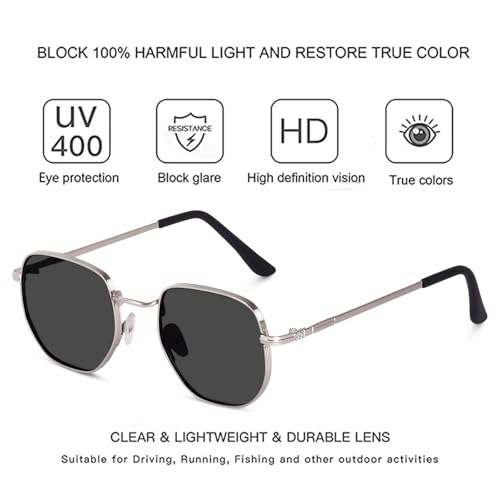 Image of Sheomy Hexagon Glasses Silver Frame Black Shades, Photo Props Unisex Sunglasses (Pack of 1 (Black)) -022