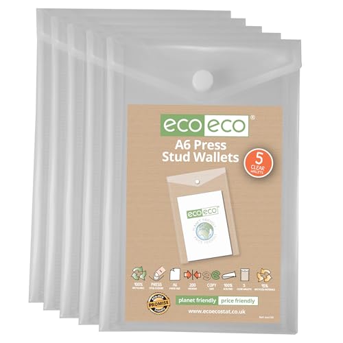 eco-eco A6 50% Recycled Clear Transparent Portrait Press Stud Popper Wallet, Plastic Folders 180x120mm (Pack of 5), 200mic, eco159