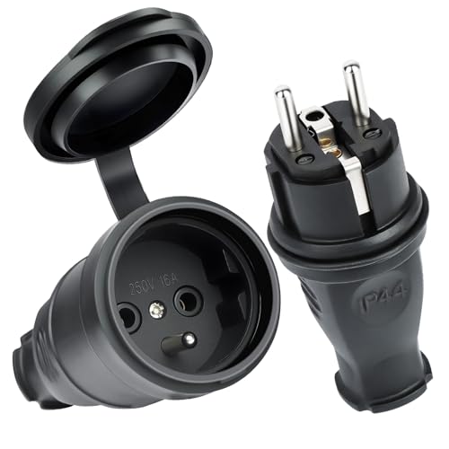AXFEE 2PCS Paires de Fiches Schuko, Kit Schuko Fiche + Prise Femelle, Étanche IP44, 250V 16A Fiche Électrique en Caoutchouc Broche, fiche D'alimentation De...