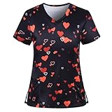バレンタイン スクラブ トップス レディース 半袖 Vネック ラブ ハート プリント ナース ワーキングユニフォーム ホリデー ポケット Tシャツ, バレンタイン-09, 3X-Large