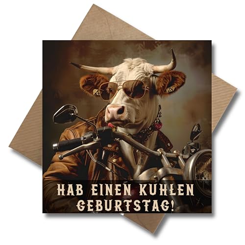 WBdesignz Lustige Geburtstagskarte „Hab einen kuhlen Geburtstag!“ – quadratisch – Kuh auf Motorrad – witzige Karte für Männer, Frauen & Freunde – cooler Humor inkl. Umschlag (125 x 125 mm)