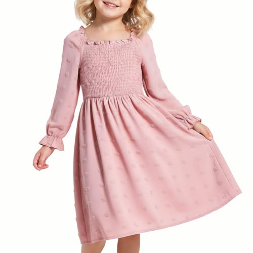 JiAmy Vestido para niñas, cuello cuadrado, lunares suizos, manga larga, vestido acampanado para otoño, casual, elegante, para fiesta, ropa de princesa para niñas de 4 a 14 años, rosa, 9-10 años