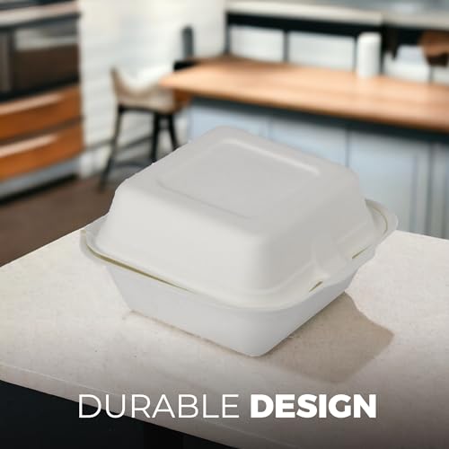 CHEF ROYALE 6" Inches Bagasse Burger Box. Disposable White Bagasse Box for Burger.Biodegradable and Compostable Sugarcane Clamshell Takeaway Box. (10) - Image 5
