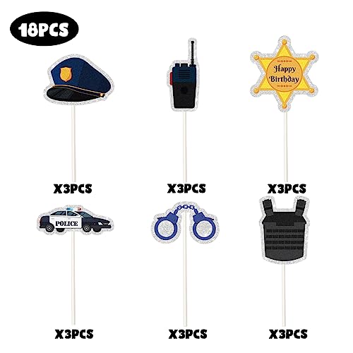 Police Dessert Cupcake Topper,Policeman Officer Police Car Themed for Kids Boy Girl Man Happy Birthday Retirement Party Supplies Black Glitter Decorations18pcs - Thumbnail 6