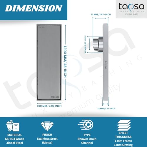 Image of Tapsa Tile Insert Floor Drain | 304 Stainless Steel | Invisible Shower Drain Channel | Shower Drain Channel | Water Drain Channel | with Cockroach Trap. (48X4, SS Matte Tile Insert Floor Drain 20 mm)