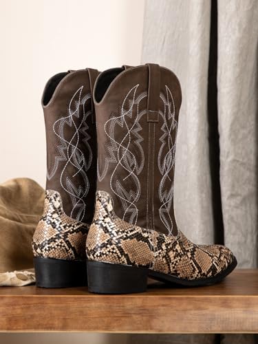 Image of Python Manning Men's Boots Cowboy for Men Classic Pointed Toe Western Pull Up Snakeskin Embroidered Mid-Calf Boots
