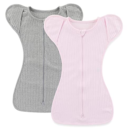 Image of Unisex Baby Swaddle Transition Sleep Bag 100% Cotton 2 Pack Of Wearable Blanket Newborn Arms Up Swaddle Sleepsack,TOG 0.5 Small Size(pink+gray 0-3 Months)